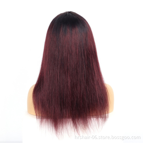 Wholesale Ombre 1b/99j Color Raw Brazilian Virgin Hair Silky Straight Wig Cuticle Aligned Brazilian Human Hair Wigs with bangs